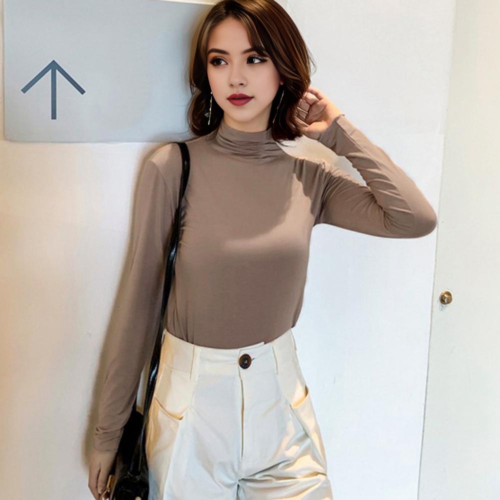 Soft Long Sleeve Blouse Stylish Women's Long Sleeve Tops Slim Fit Half-high Collar Shirt Solid Color Bottoming for Daily for A