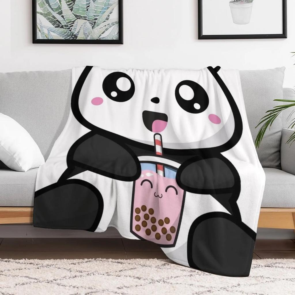 Panda Boba Kawaii Bubble Tea Throw Blanket Cozy Napping Blanket Gift for Mom Dad