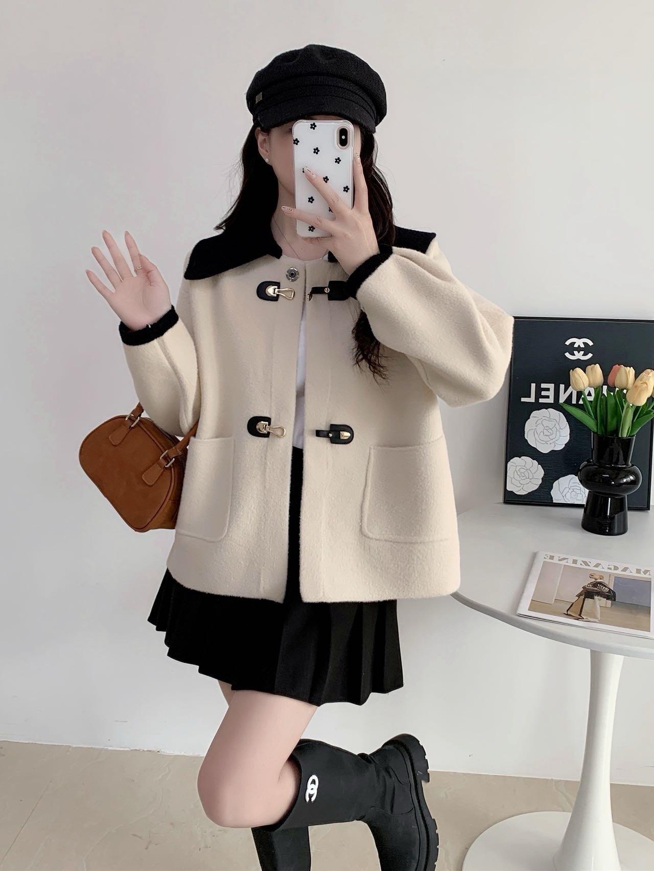 

Doll collar woolen coat autumn and winter new loose thickened knitted cardigan top color matching coat Average size