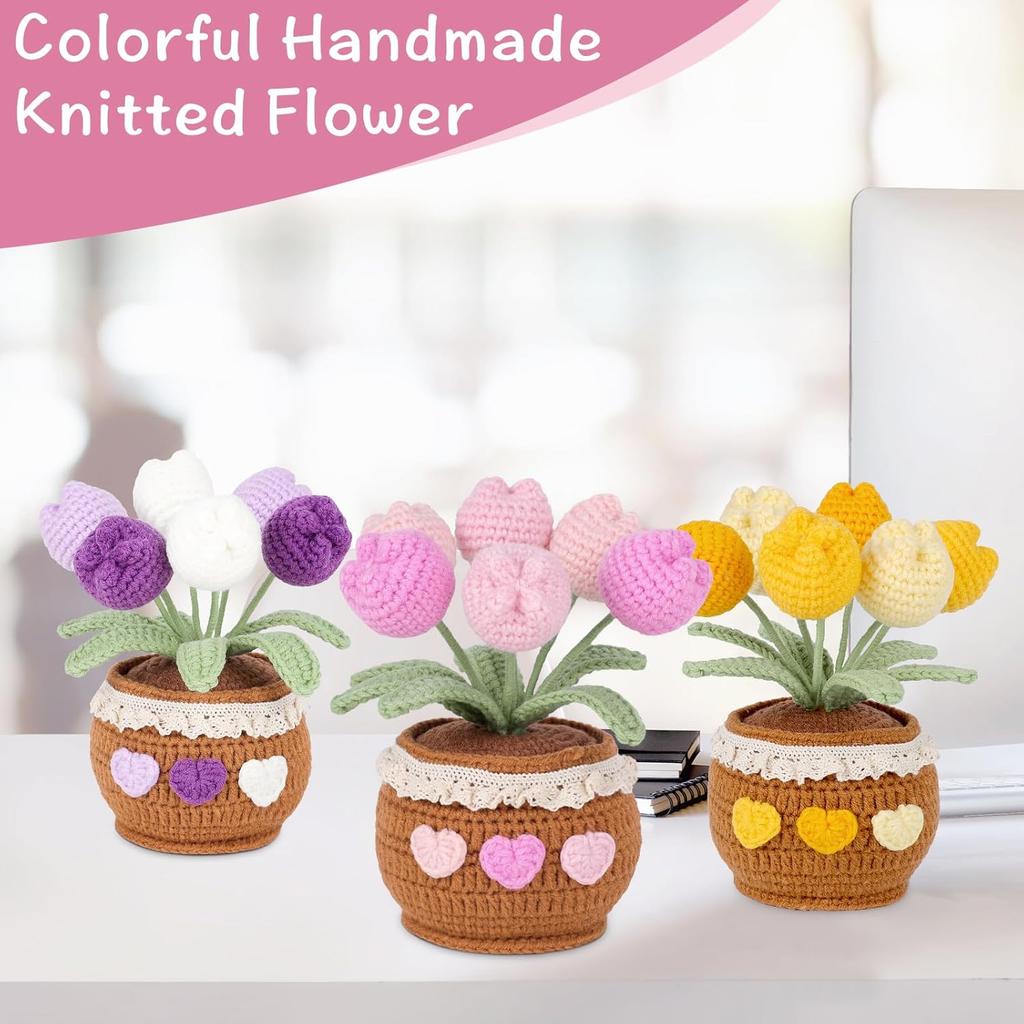 Handmade Potted Crochet Tulip Bouquet, Blush Pink Crocheted Tulips Hand Woven Flowers Knitted Flowers in Exquisite Pot Gift for Women Friends Kids