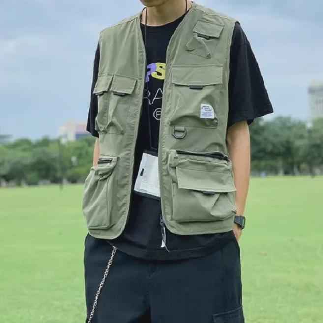 Vestă unisex la modă, fără mâneci, cu buzunare multiple - Toamna 2023, stil coreean și japonez