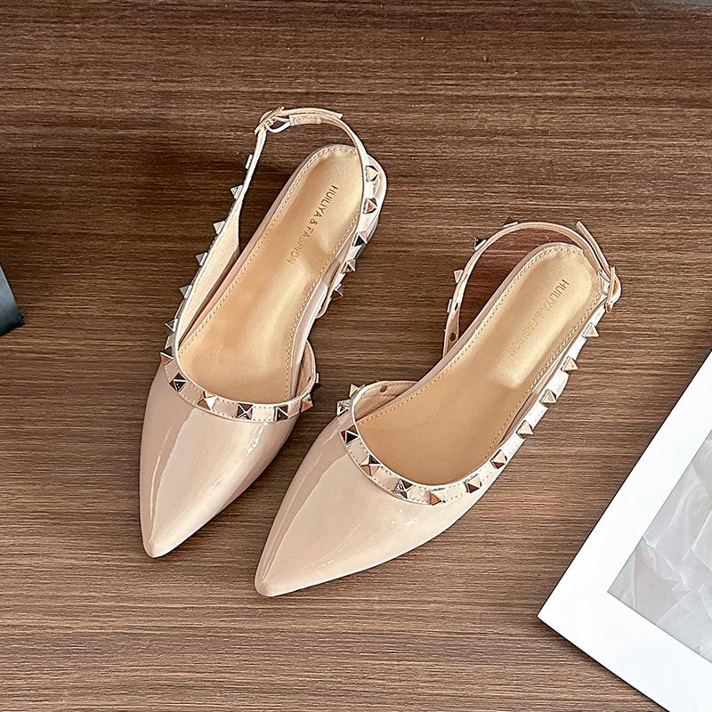 

W9925-25 Rivet single shoes women s thick heel pointed nude French high heels 2025 women s summer new side empty sandals 40 розовый