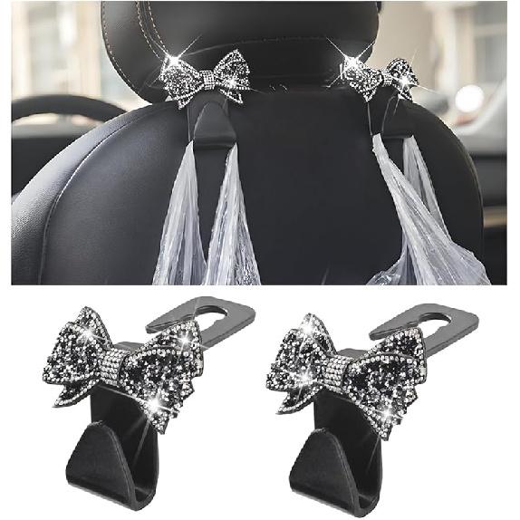 Bling Car Headreat Hook, 2PCS Crystal Rhinestone Cute Bow Vehicle Seat Back Hanger Storage For Purses Bags Grocery, Diamond Auto Rear Seat Organizer,
