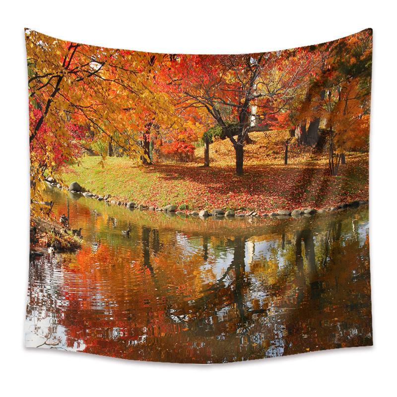 Autumn Yellow Forest Stream Landscape Print Pattern Tapestry Home Living Room Bedroom Wall Decor Background Cloth Tapestry