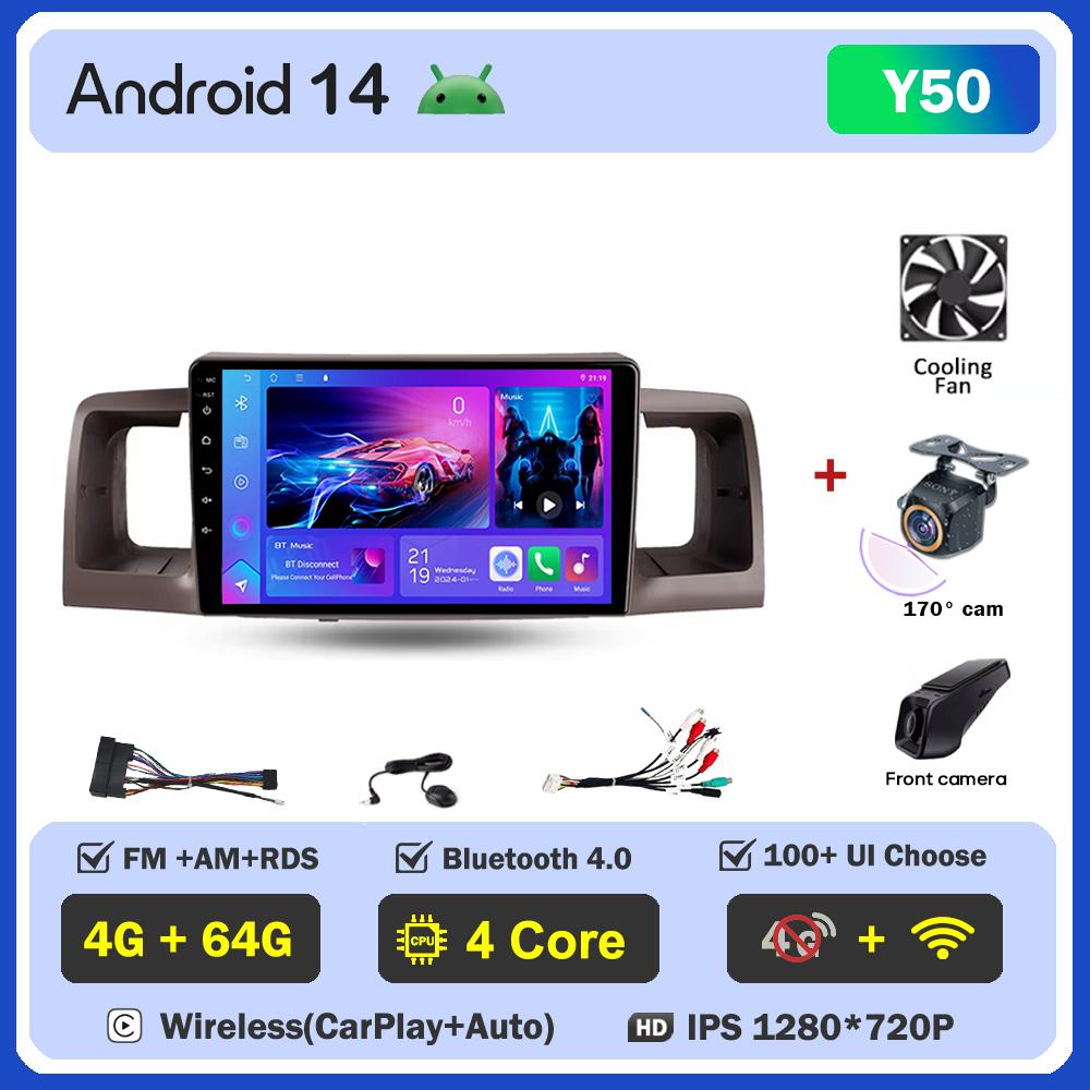 Android 14 For Toyota Corolla E130 E120 2000-2004 Car Multimedia Video Player Carplay Screen Intelligent Systems GPS Navigation