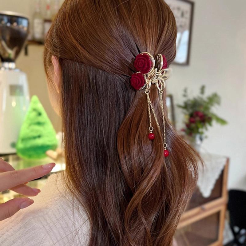 1Pc Vintage Elegant Red Flocked Rose Tassel Hair Clip Stylish Ponytail Claw Crab Clip For Girls Women Delicate Hair Accessories