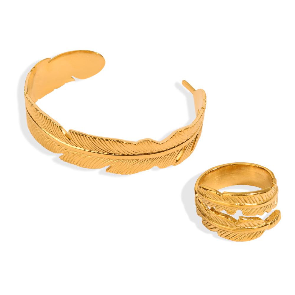 18K Gold Titanium Steel Feather Open Cuff Bracelet - Stylish Wide Design for Couples