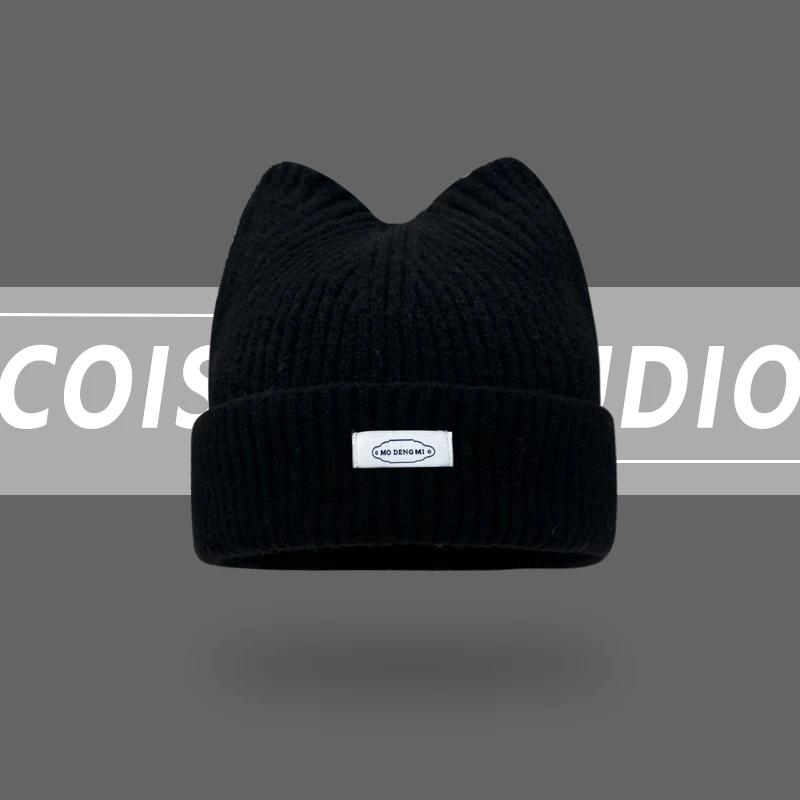 Korean Version New Cute Cat Ear Letter Patch Knitted Hat Women's Autumn and Winter Thickened Warm Versatile Simple Beanie Cap