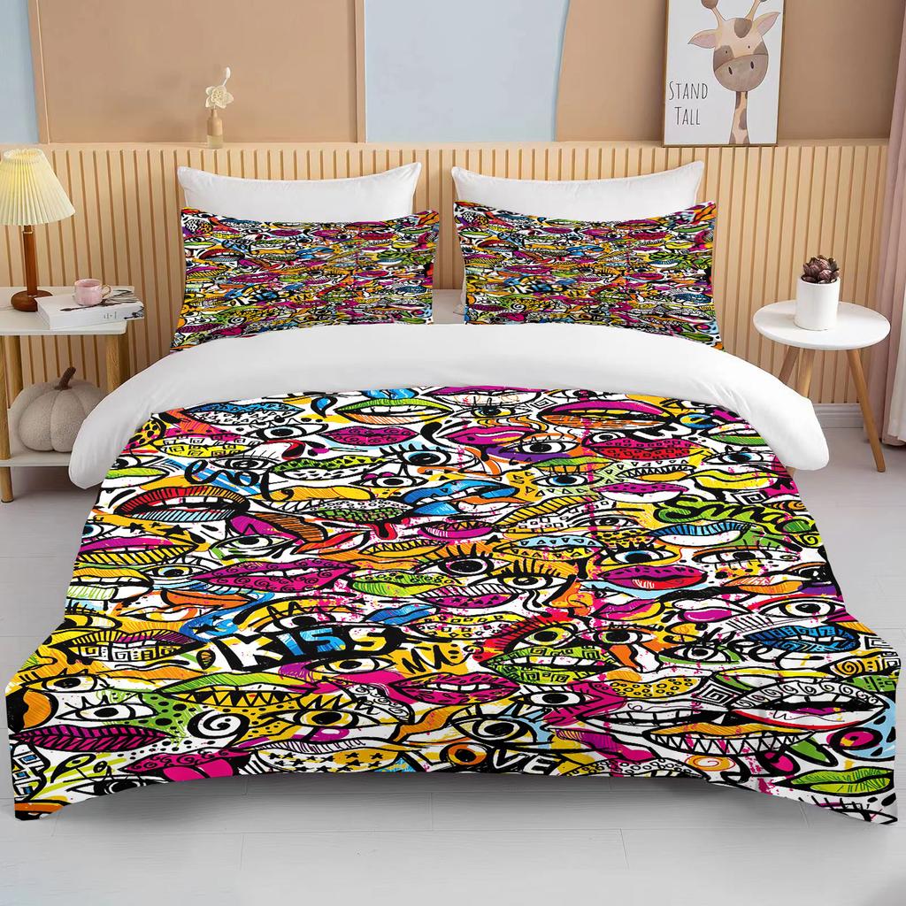 10 Sizes Fine Graffiti Pattern Bedding 3 Piece Set King Size Double Bed Bedding Set Microfiber or Polyester Duvet Cover Set