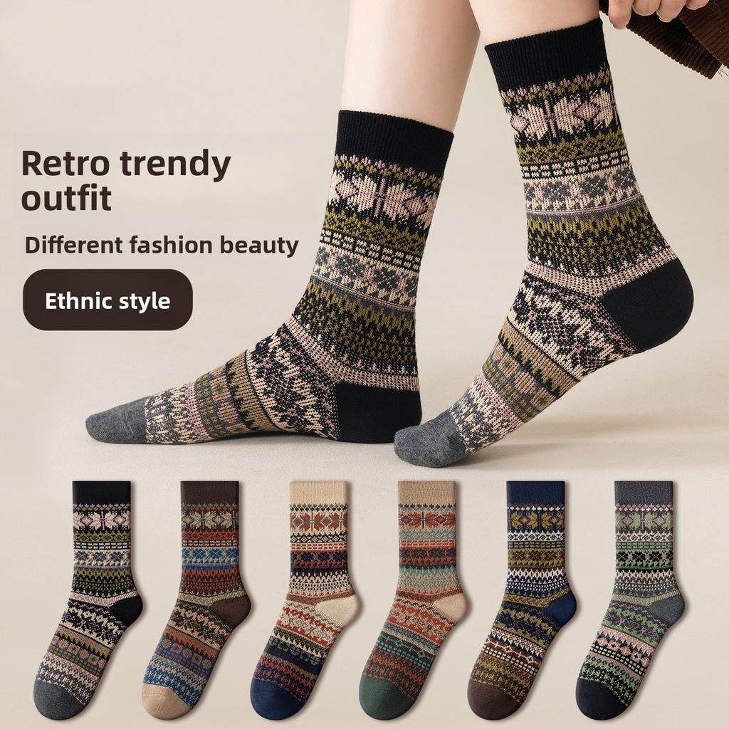 Ethnic-style Women's Midsize Socks, Women's Cotton Socks, Fashionable Long Socks for Autumn and Winter, Versatile Long Stockings