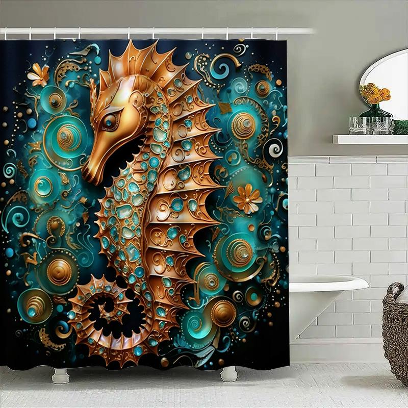 Decorative Sea Horse Bath Shower Curtain Waterproof Fabric For Bathroom Decor Gold Blue Color, Size 180X240Cm  Sho