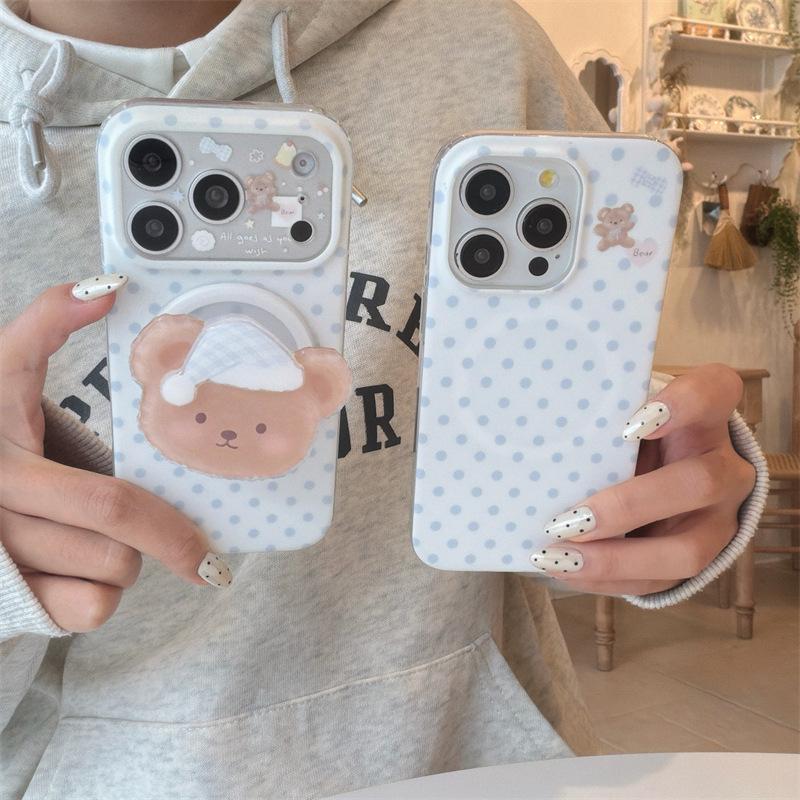 Korean Blue Polka Dot Bear Magnetic Suction Bracket Is Suitable for iphone11Promax Apple 11 Mobile Phone Case 11 Female 11.