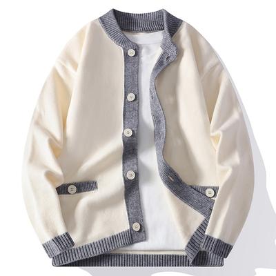 Autumn and Winter Korean Style Contrasting Color Cardigan Simple Sweater Men's Long-sleeved Tops