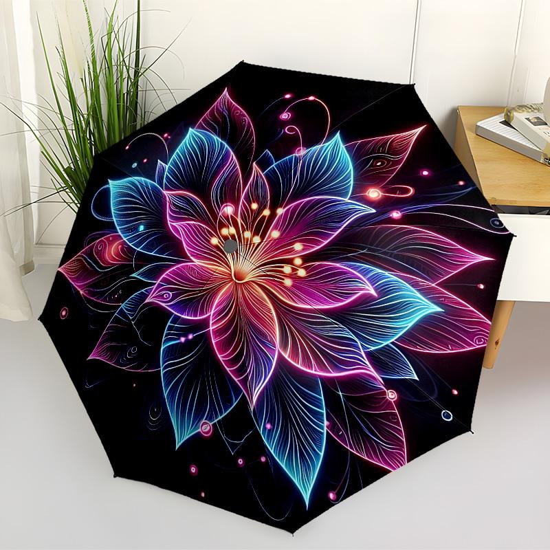 1pc Neon Lotus Fashionable Automatic Opening/Closing Folding Umbrella with 8 Iron Bones, Plastic Handle yy251015006