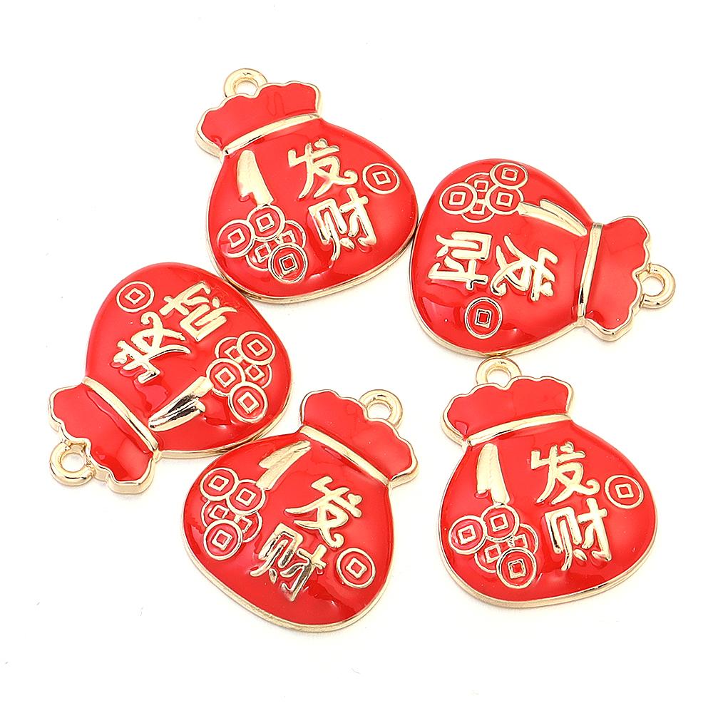5pcs Alloy Enamel New Year Charms Red Chinese Style New Year Wishing Words Pendants For Jewelry Making DIY Spring Festival Gift