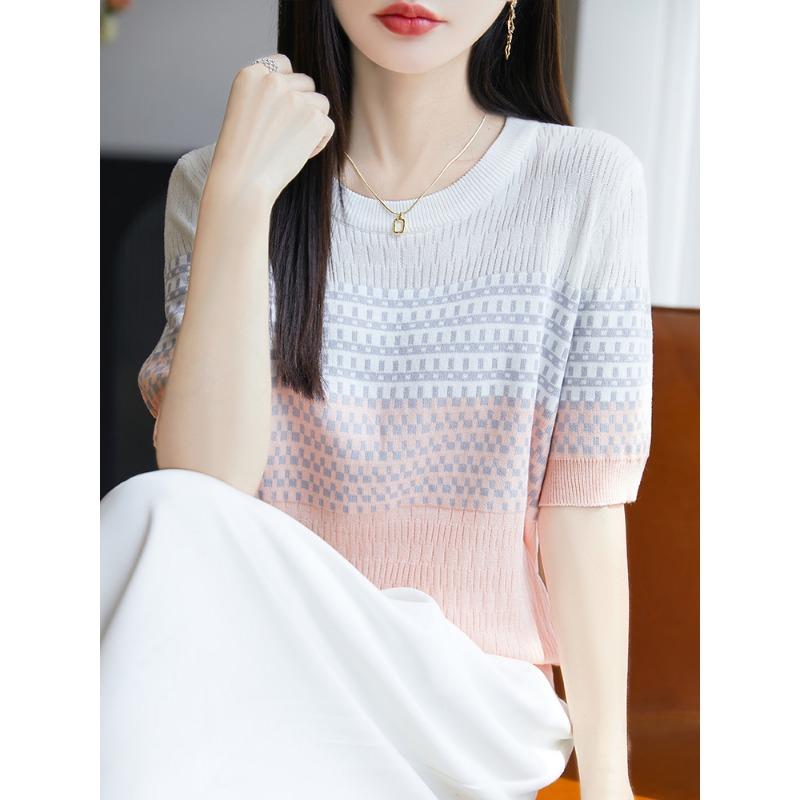 

Новый летний трикотажный топ с круглым вырезом и короткими рукавами, свободный, повседневный, стройнящий и универсальный XL розовый