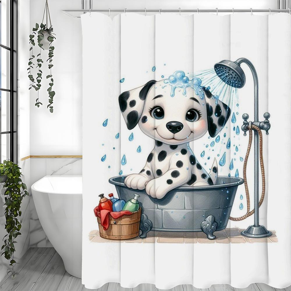 Urocza kreskówkowa zasłona prysznicowa w kropki z psem, dekoracyjna zasłona prysznicowa do łazienki, wodoodporna zasłona prysznicowa z haczykami