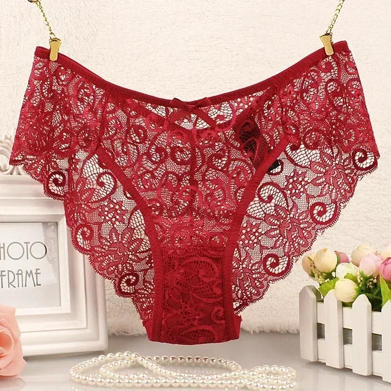New Non-marking Sexy Erotic Panties Female Lace Hollowing Mid-waist Sexy Large Size Panties Ladies Briefs