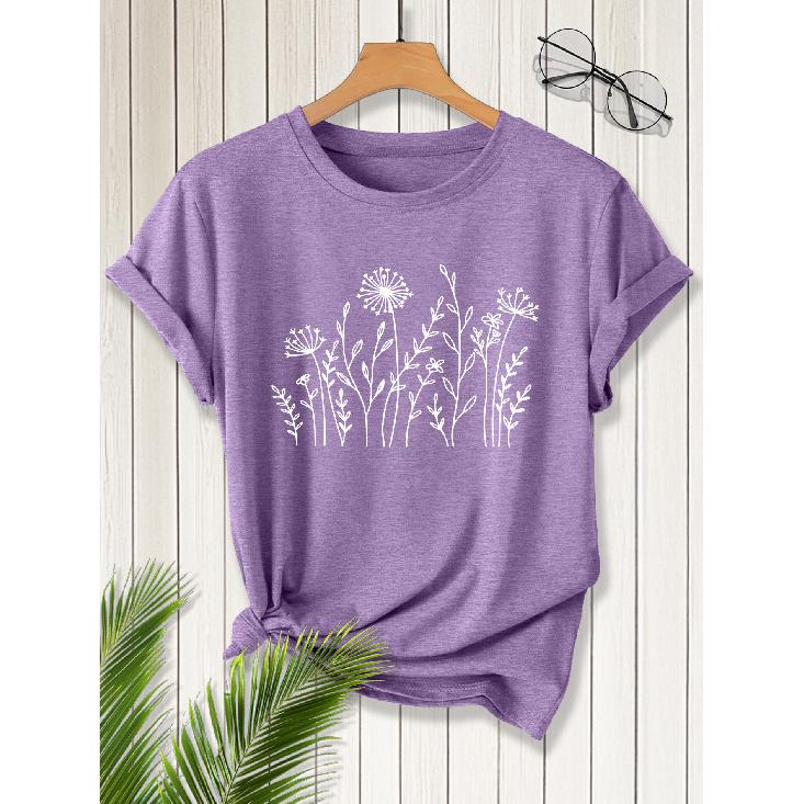 2026New SpringSummer Women's Round Neck Line drawings of various wildflowers Dandelion Lace flowers etc Printed Short Sleeve T