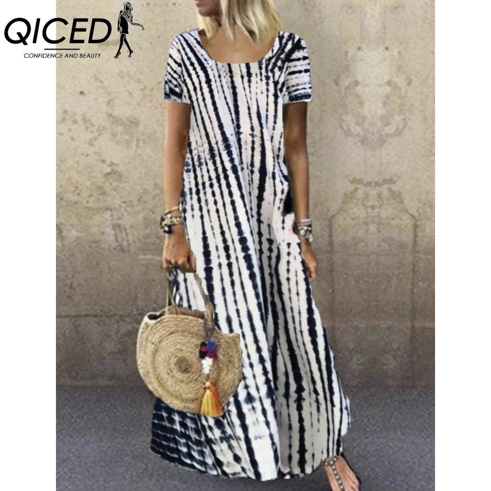 QICED S-5XL Women Fashion Summer Spring Casual Short Sleeve O-Neck Dresses