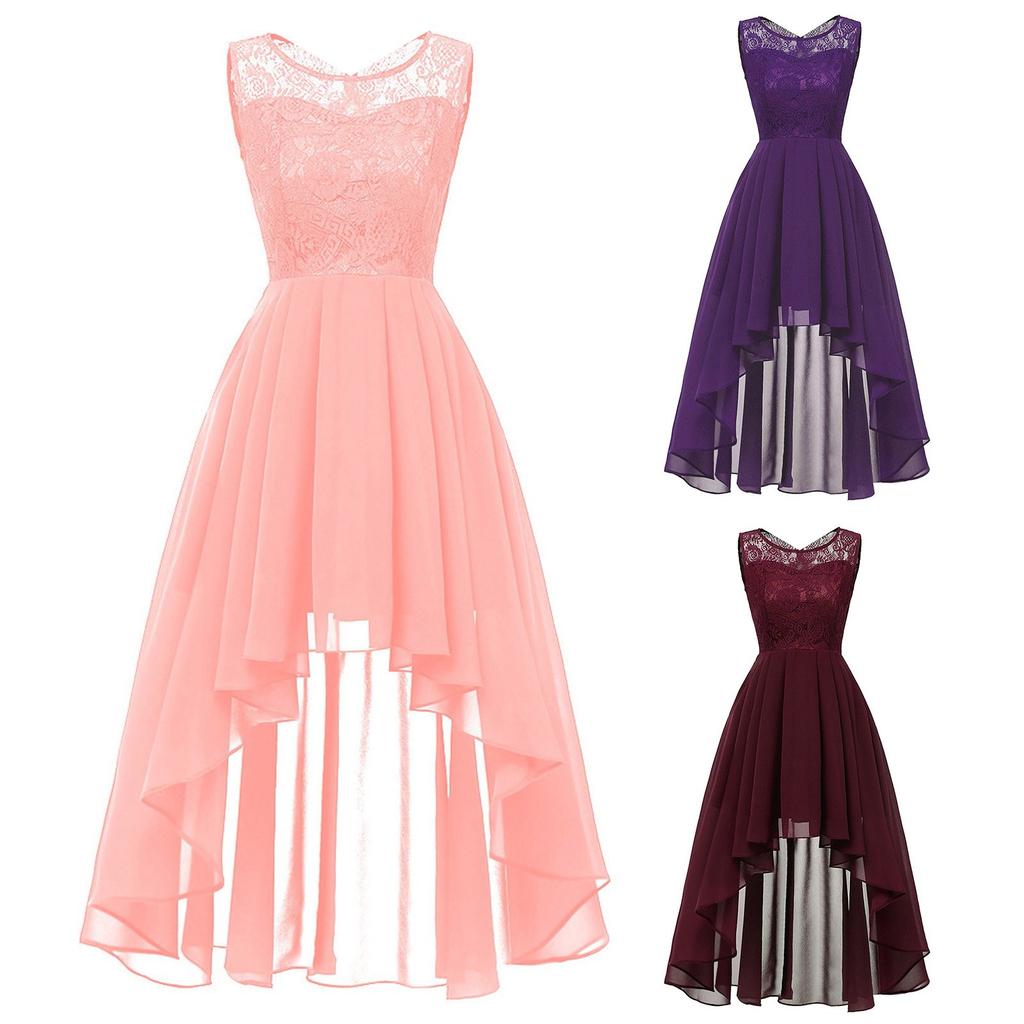 Women's Floral Lace Hi-Lo Bridesmaid Dress Sleeveless Formal Wedding Maxi Dress