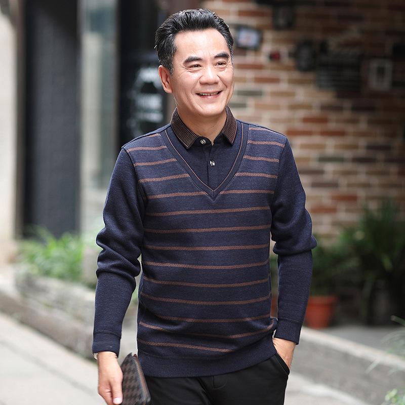 Men s Striped Faux Two-Piece Velvet Knit Shirt for Middle-Aged and Elderly - Winter Casual Loose Fit 3XL