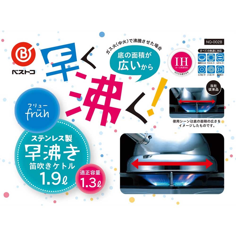 Bestco Whistling Fast Stainless Induction by Furyu Kettle, 1.9L, Boiling, Steel, Compatible, NQ-0028,