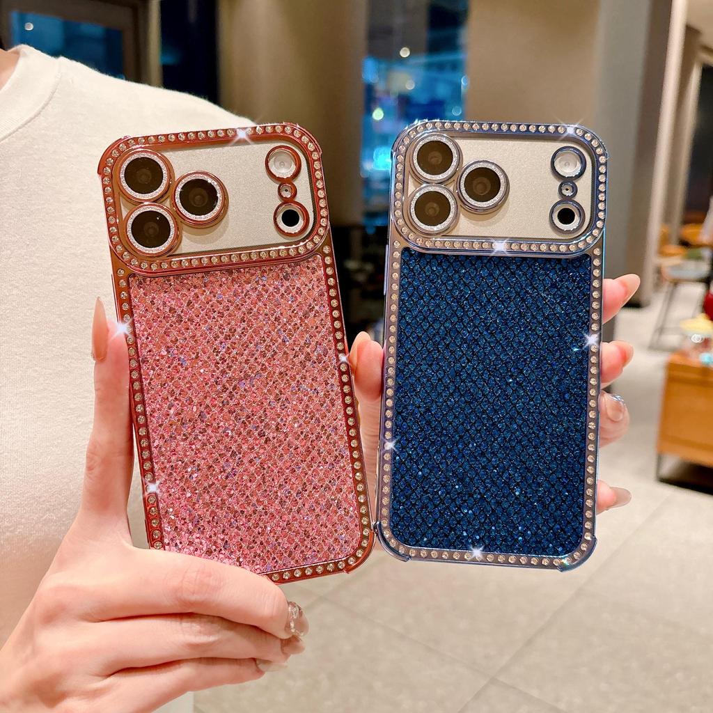 Glitter Diamond Lattice Phone Case with Rhinestones for Apple 17 Pro Max and 16, Four-Corner Drop-Proof, Fits 15