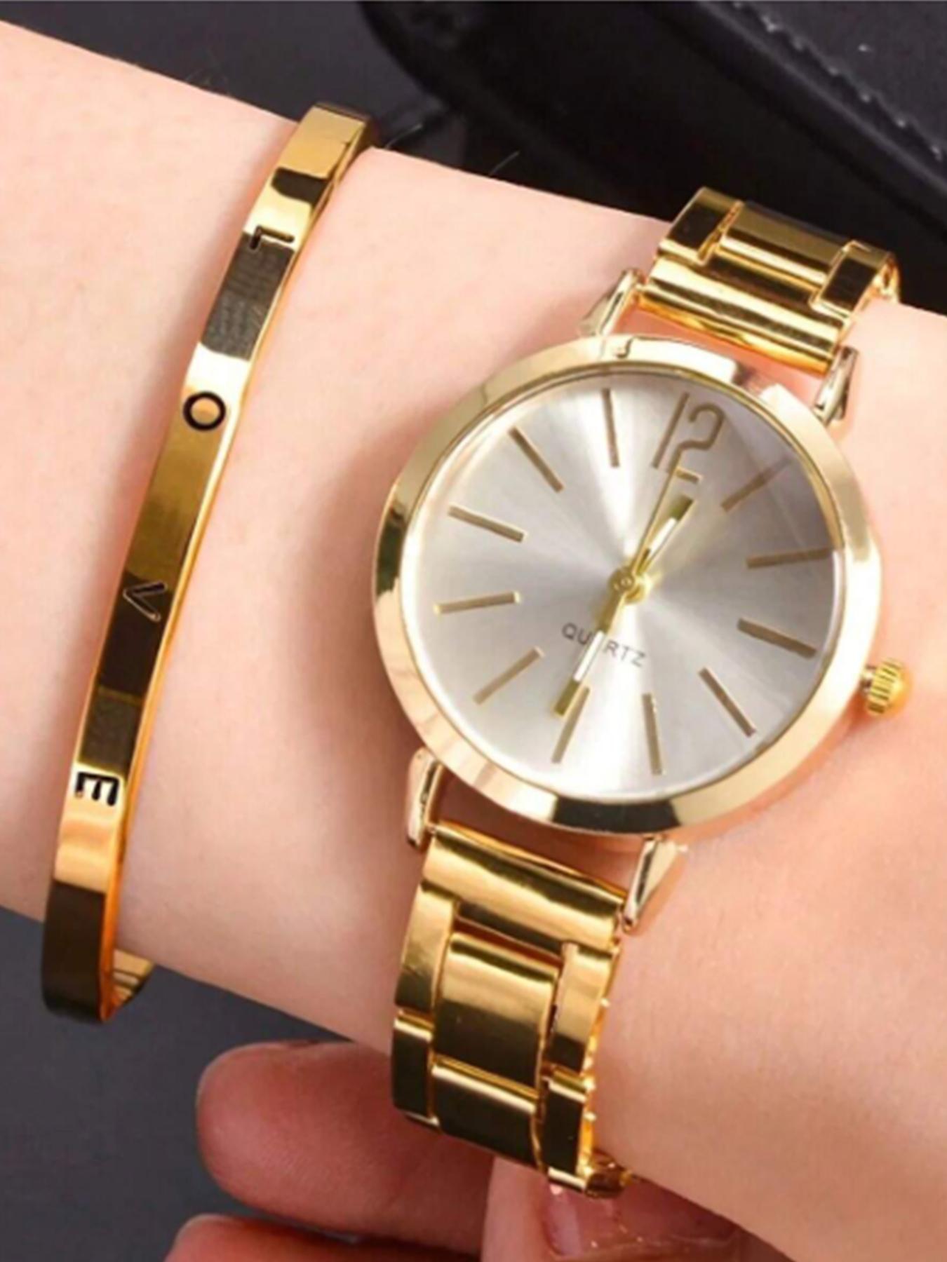 

Женские простые и модные часы с круглым циферблатом и стальным ремешком в виде шкалы + набор титановых браслетов love золотой