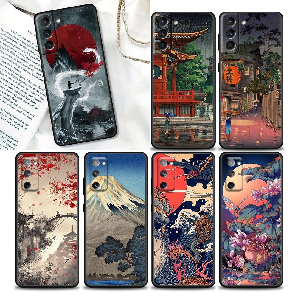 Japanese Style Art Ukiyo-e Phone Case For Samsung Galaxy S25 S24 Ultra S23 Plus S20 S21 FE S22 S24FE 5G Cases Black Soft Cover
