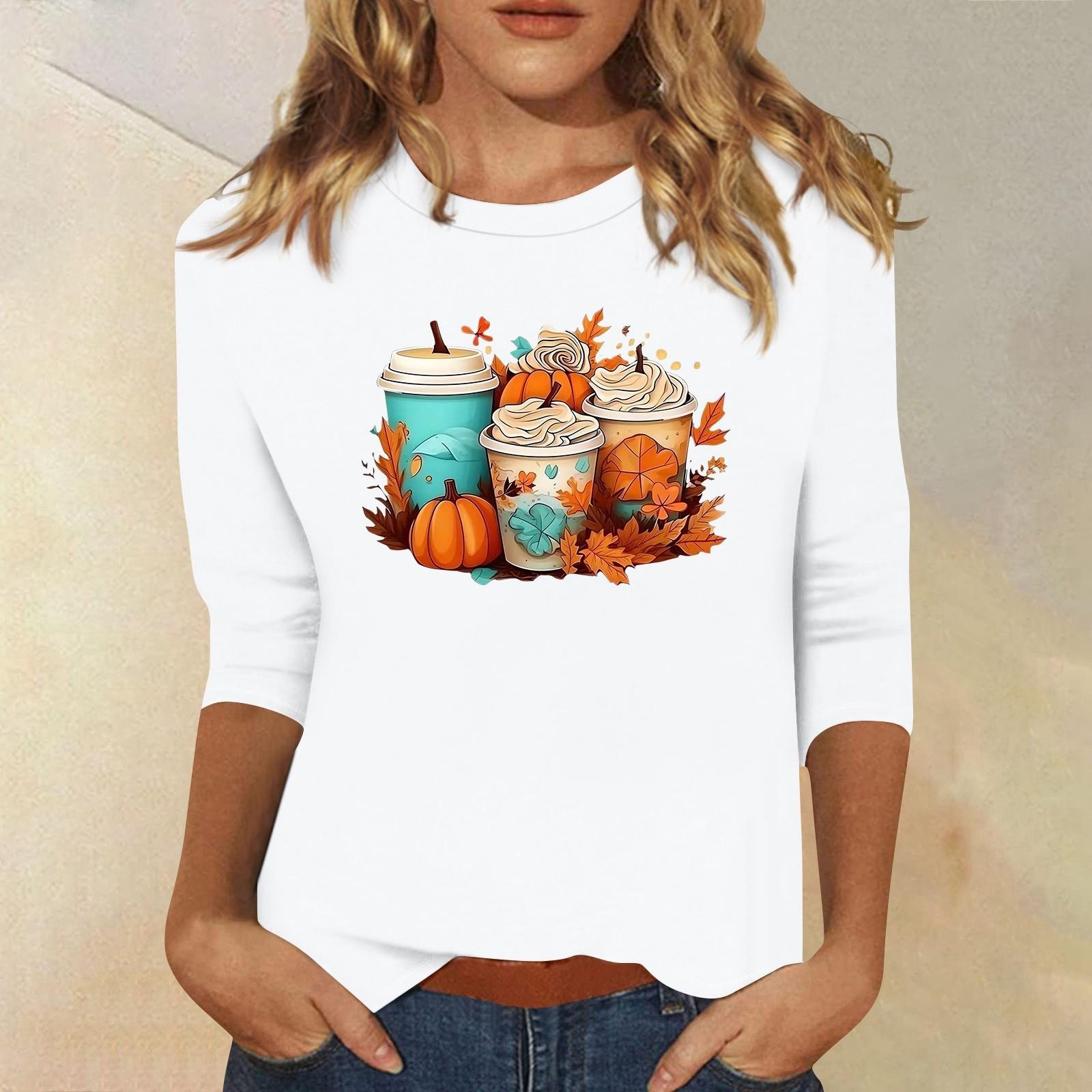 

Топи з рукавами 3/4 для жінок Футболка Повсякденні топи з принтом Футболка з круглим вирізом Пуловер Блуза L білий