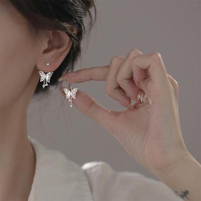 Silver Color Hollow Butterfly Tassel Earrings for Women Simple Curved Hook Screw Buckle Earrings Y2K Elegent Jewelry Gift