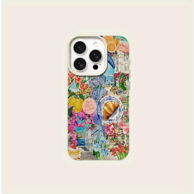 A Fresh and Simple Collage-Patterned Lychee-Textured Phone Case, Suitable for iPhone 17, 16, 15, Plus, Pro, Max Series Phones — Can Be Used as a Gift