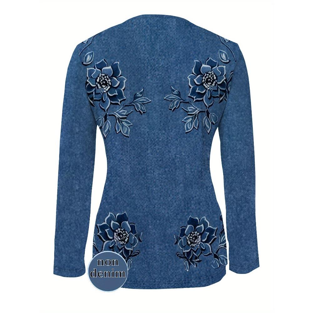 Women's imitation denim print zipper top - long-sleeved V-neck, slim-fit design, fashionable personality
