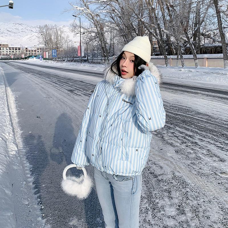 Womens Striped Bow Hooded Cotton Puffer Coat Winter Warm Thick Fleece Jacket