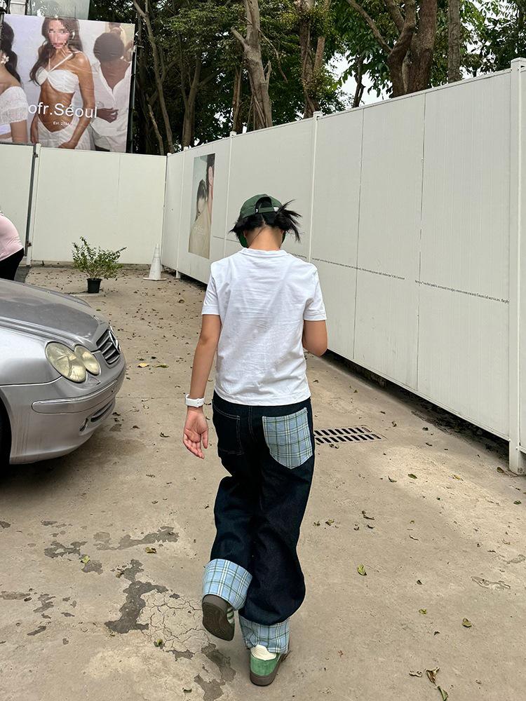 Męskie Jesienne Dżinsy w Kratę z Szerokimi Nogawkami, Podwinięte - Luksusowe, Luźne, Proste