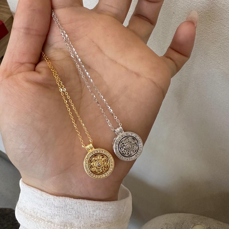 Elegant S925 Sterling Silver Eight Treasures Compass Necklace - Chinese Style Lotus Design Gold-plated Silver Necklace