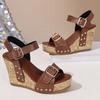 Cross Border Large Size Spring and Summer New Buckle Rivet Sandals Fish Mouth Wedge Heel Waterproof Trolley Stitching Sandals Women