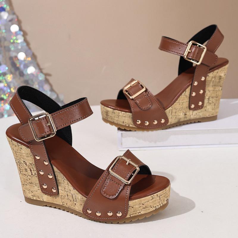 Cross Border Large Size Spring and Summer New Buckle Rivet Sandals Fish Mouth Wedge Heel Waterproof Trolley Stitching Sandals Women