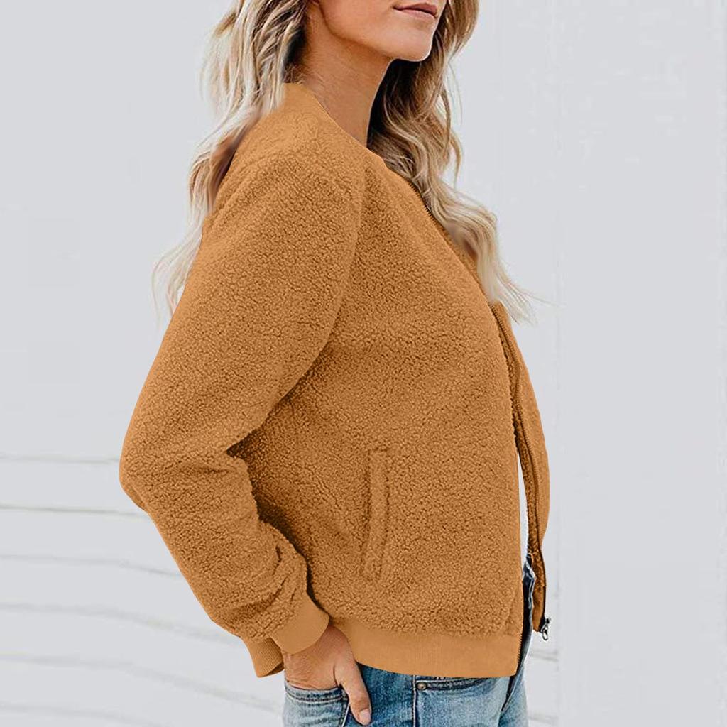 Women's Fashionable Warm Shearling Jacket With Zip-Up Solid Colour Outerwear