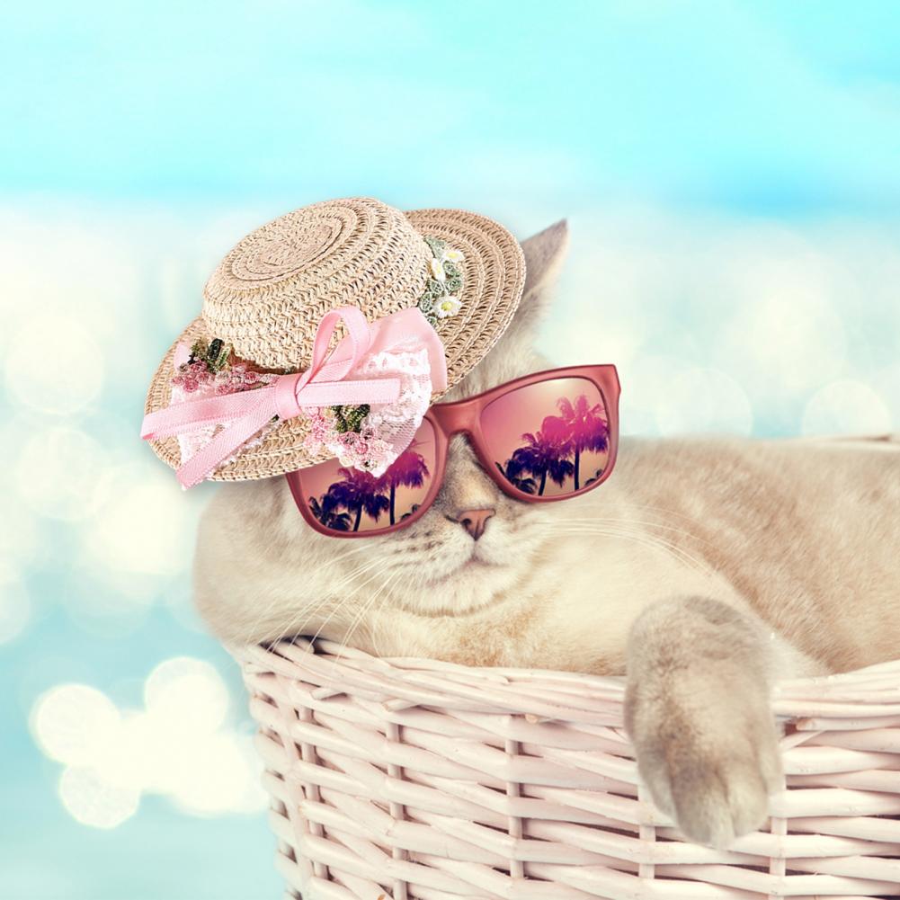 Pet Straw Hat Handwoven Sun Cap with Adjustable Strap Headwear for Small Dogs Cats Birthdays Special Occasions