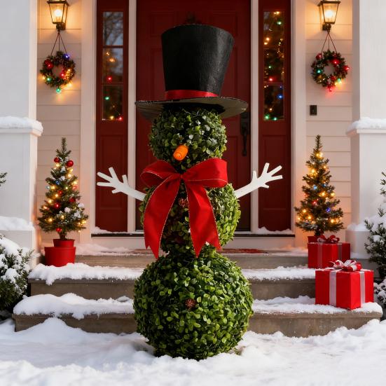 Christmas Snowman Topiary Artificial Snowman Shaped Topiary Tree with Bow And Hat Outdoor Boxwood Topiary with Stake for Home Porch Decor