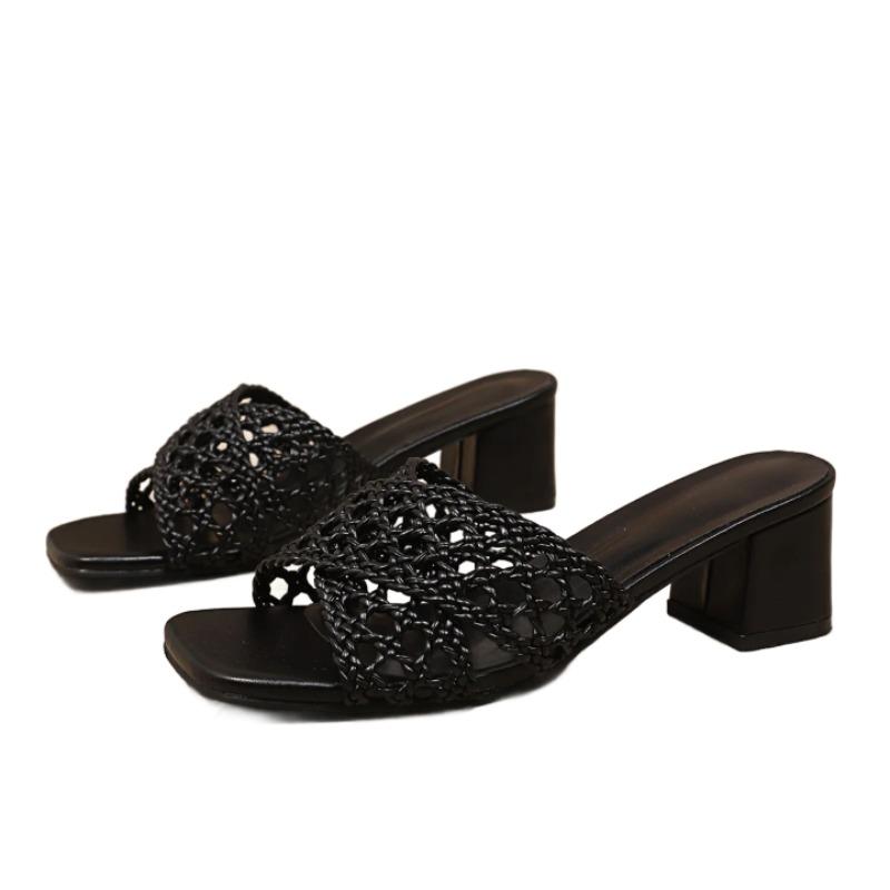 Fashion Weave Women High Heels Women Slippers Fashion Square Toe Hollow Chunky Shoes 2025 Summer Sandals New Casual Flip Flops Sandalias