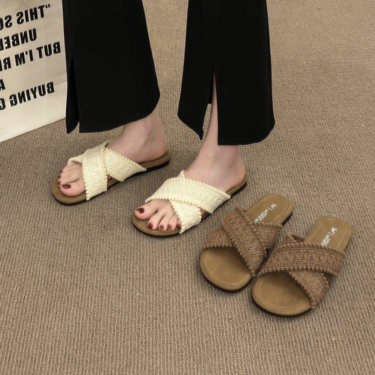 Ethnic Cool Slippers 2025 New Summer Vintage Woven Cross Bohemian Student Flat Bottom Flip