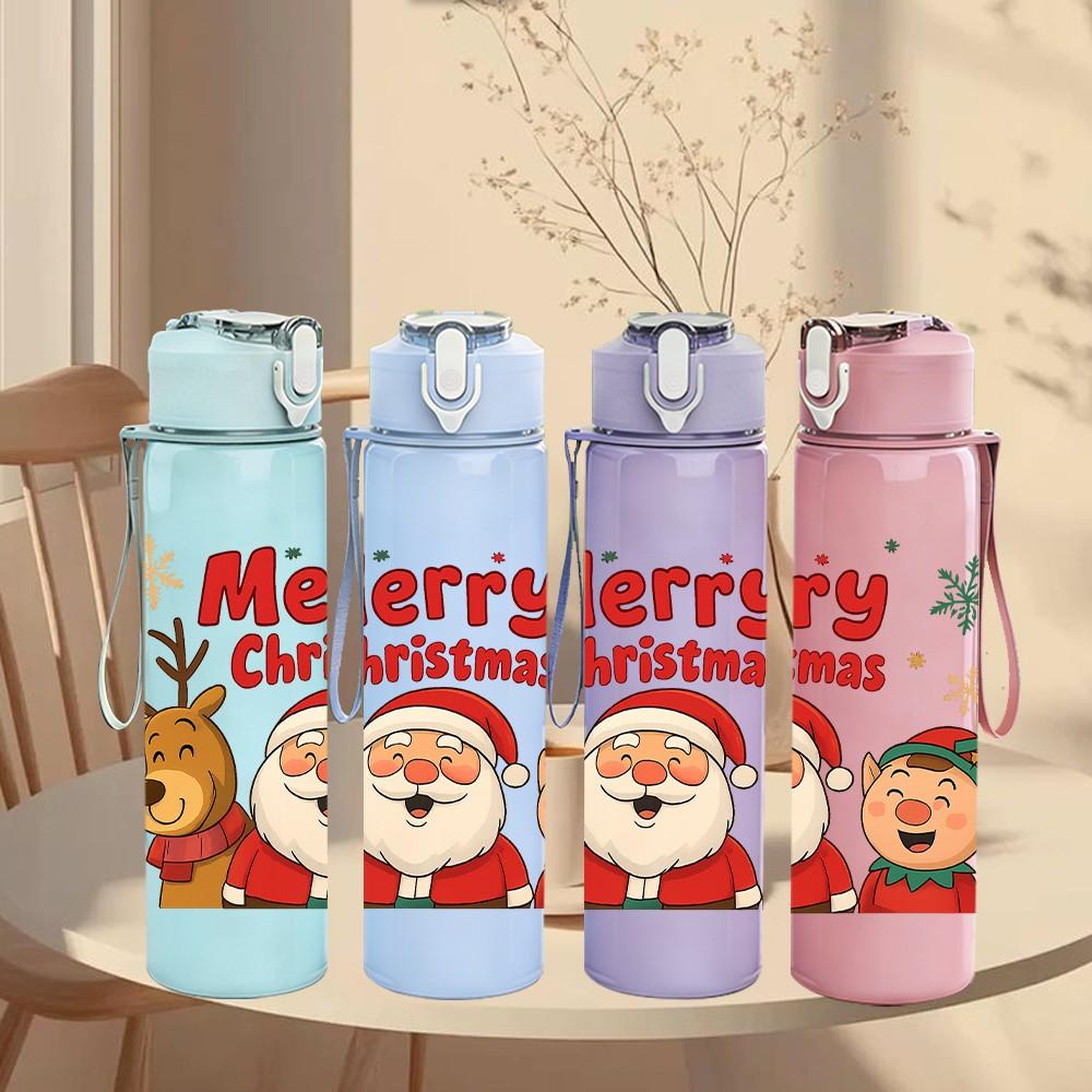 1PC Merry Christmas Santa 750ml Color Plastic Sports Water Bottle Leakproof Flip Straw Lid Suitable for Sports Office Home Use