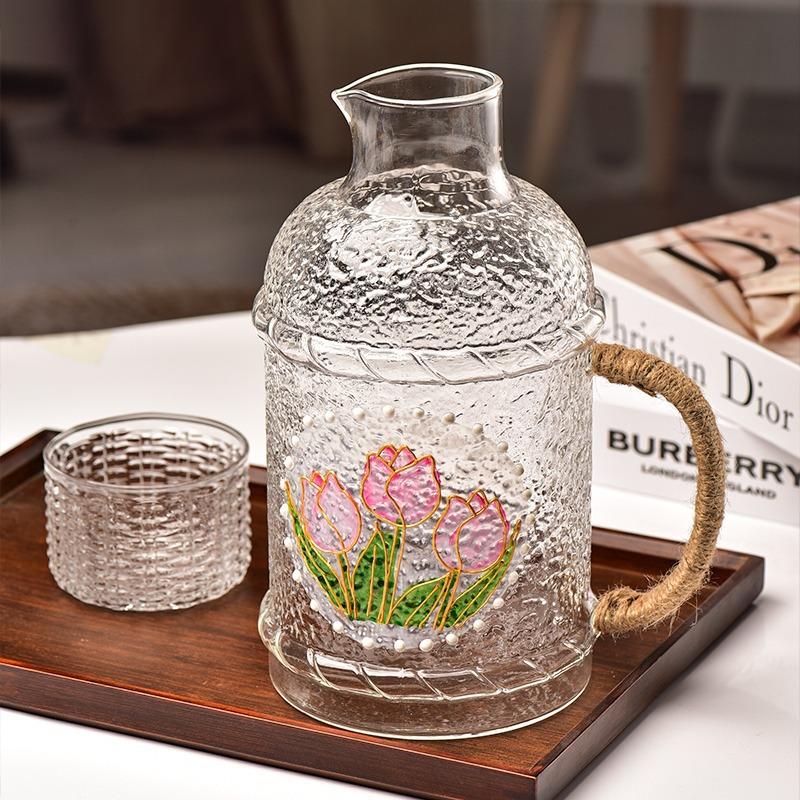 Japanese Style High Temperature Resistant Hammered Glass Water Jug Large Capacity Handle Pitcher with Cups Set