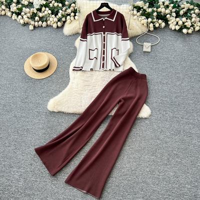 Jesień Zima Damski Codzienny Dzianinowy Sweter Spodnie Dwuczęściowy Zestaw Jednorzędowy Kieszonkowy Sweter Topy i Spodnie Dres