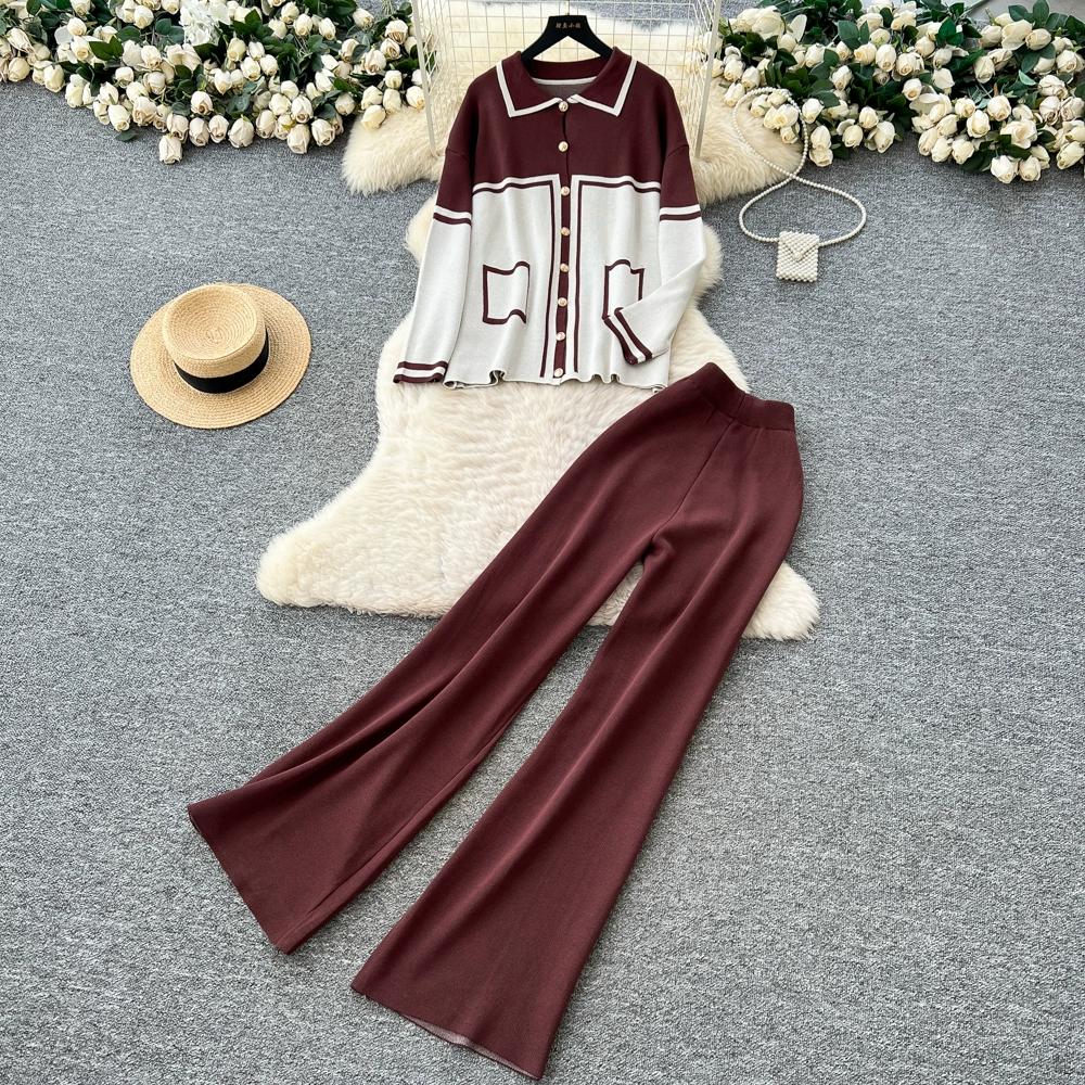 

Осень Зима Женский Повседневный Вязаный Свитер Брюки Костюм из Двух Предметов Однобортный Карманный Пиджак Топы и Брюки Спортивный Костюм One Size бордовый