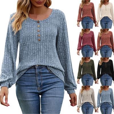 Women'S Round Neck Casual Fashion Solid Color Button Long Sleeved T-Shirt Top Top Blusa Elegante Feminina