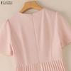 ZANZEA Women Casual Round Neck Short Sleeve Elegant Pleated Dress